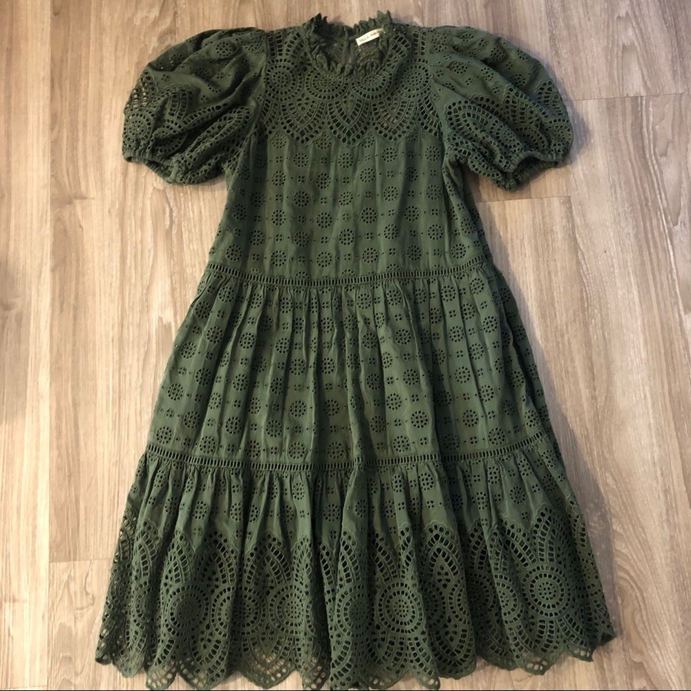 Ulla Johnson Simone Broderie Anglaise Puff Sleeve Shift Dress Army Green - Picture 3 of 10